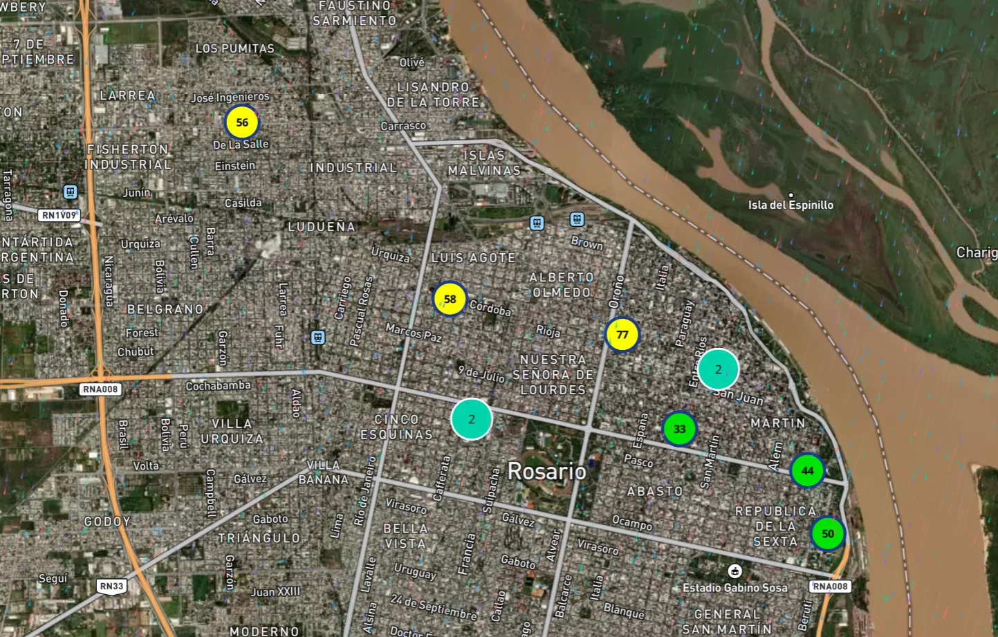 Mapa satelital de Rosario con puntos de medición de calidad de aire del proyecto Aire Global